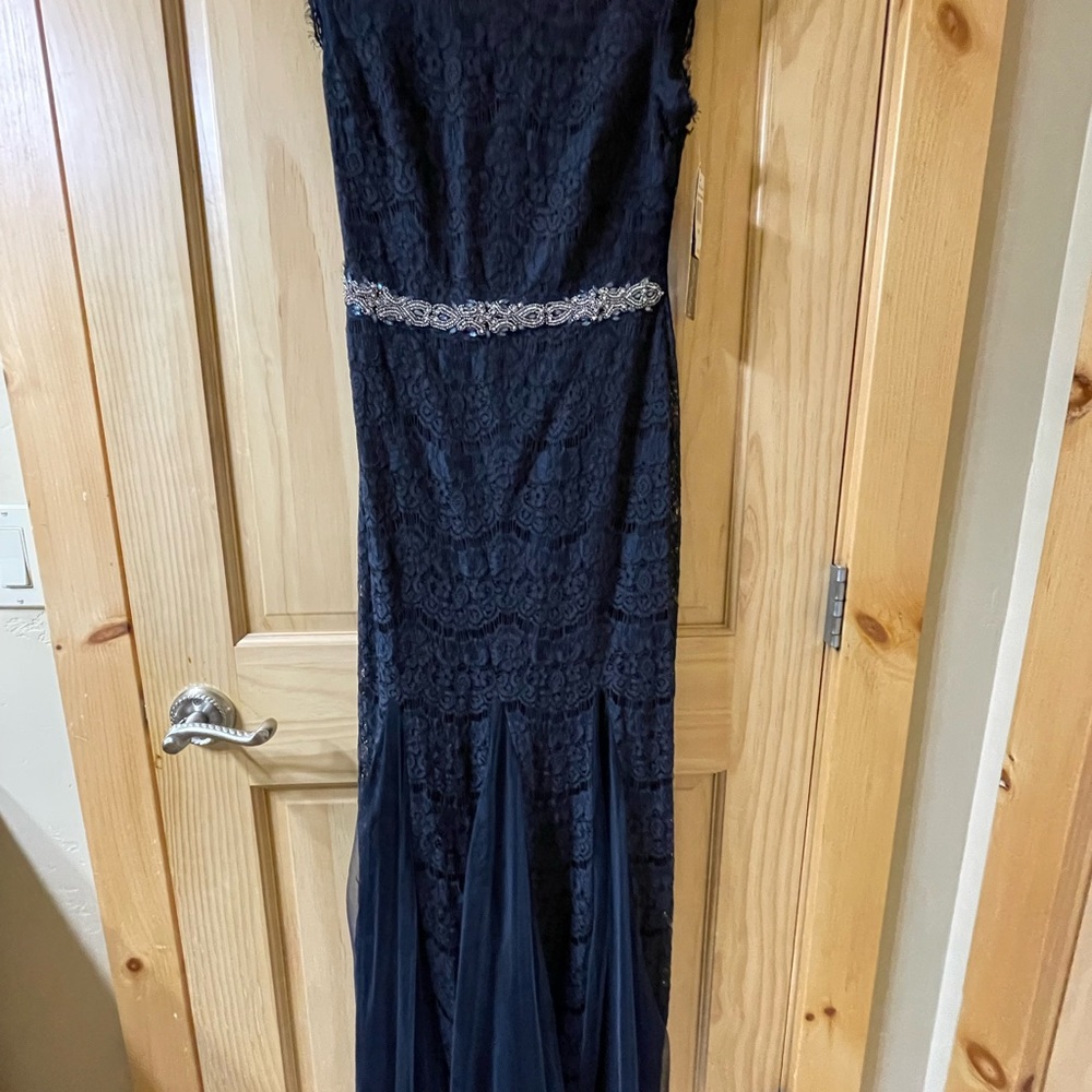 Elegant Betsy & Adam Navy Lace Evening Gown